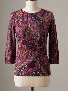 Talbots Pure Cashmere Paisley Sweater Purple Pink 3/4 Sleeve Crew Neck Large